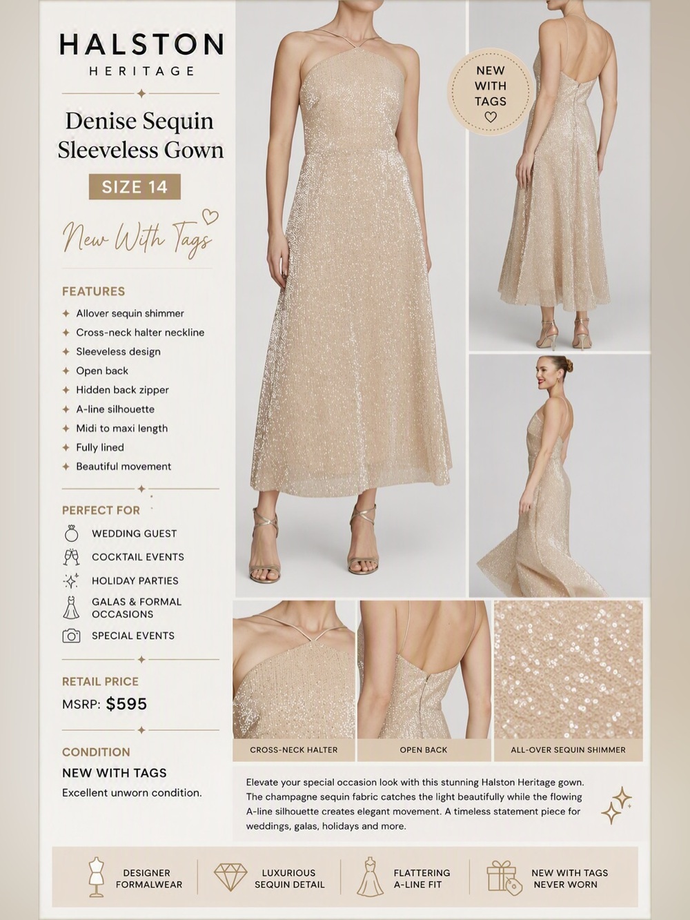Halston Denise Sequin Sleeveless Gown sz 14